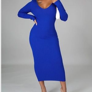 Royal blue ribbed knit midi dress